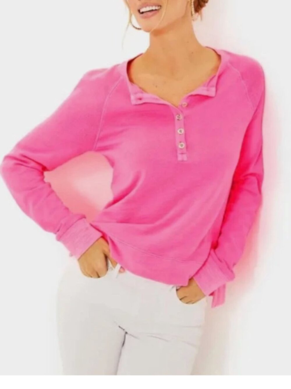 Lilly Pulitzer Leeson Sweatshirt Womens L Roxie Pink Cotton Henley Pullover